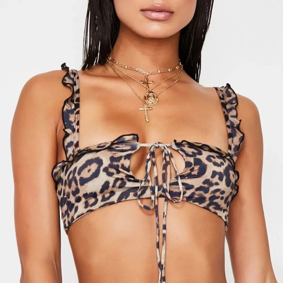 NEW! Y2K Leopard Print Keyhole Lettuce Frill Trim Bikini Top - Picture 7 of 15